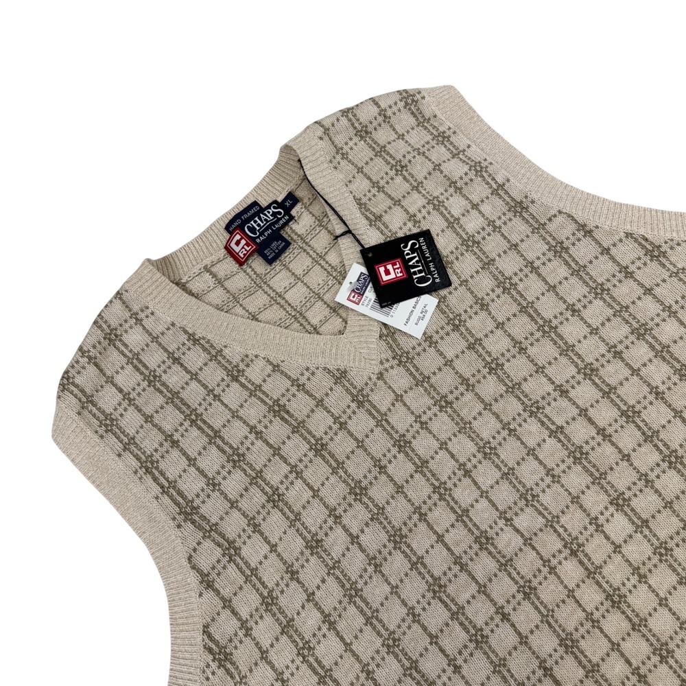 Chaps Ralph Lauren Plaid Sweater Vest Mens XL Beige V-Neck Linen Cotton Preppy